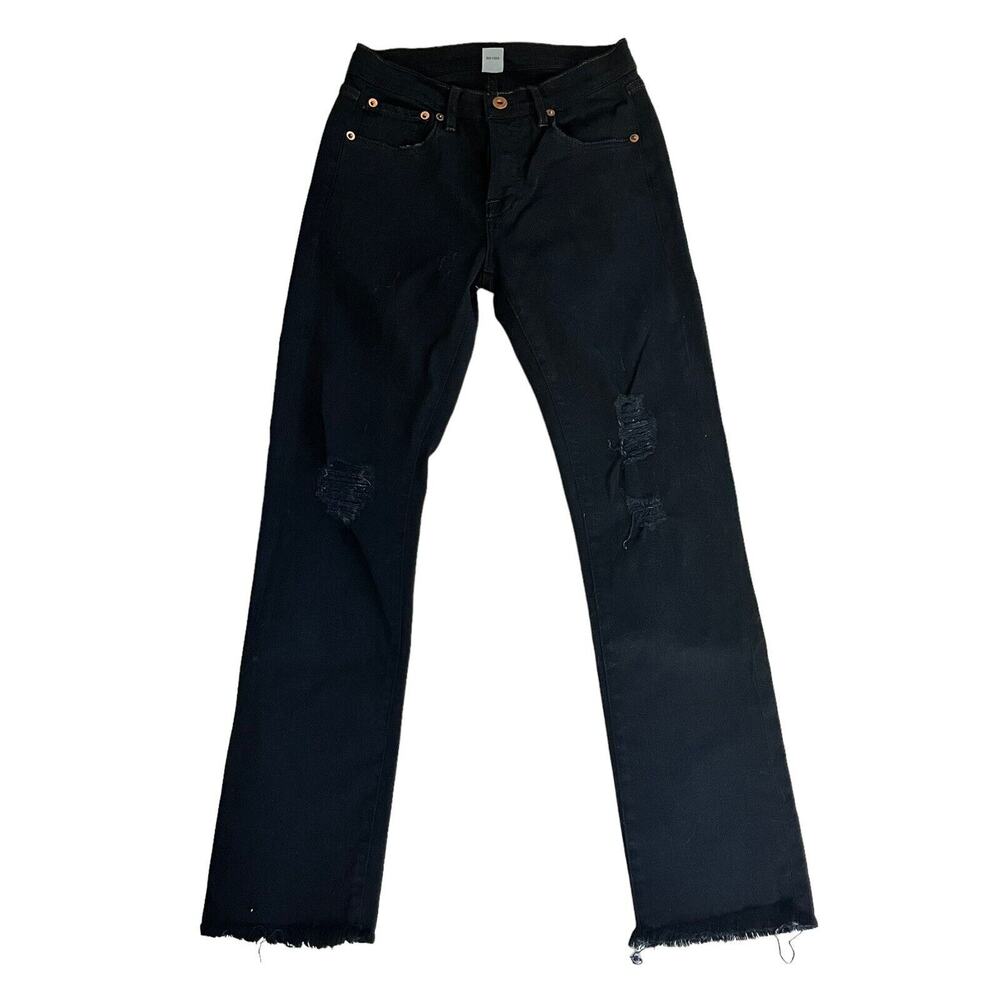 NSF Black Raw Hem Jeans •Women 25• Distressed Black Button Fly Straight Slim